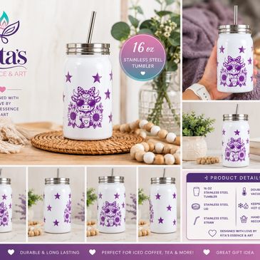 16 oz stainless steel tumbler with cute highland cow design and purple stars.