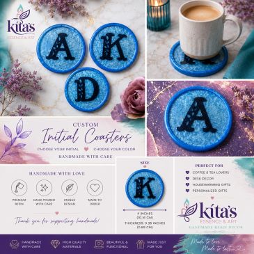 Blue initial coasters made of premium resin, personalized and handmade.