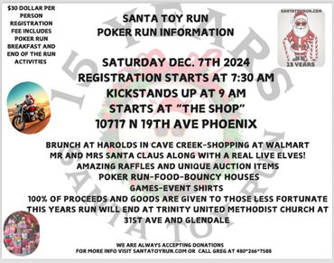 Flyer for Santa Toy Run Poker Run event with registration, activities, and donation info.