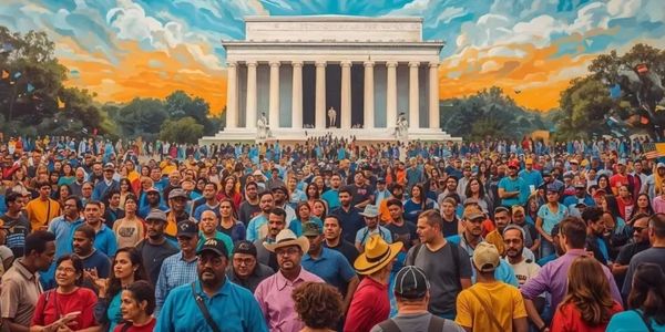 Diverse people marching together in front of Lthe incoln Memorial