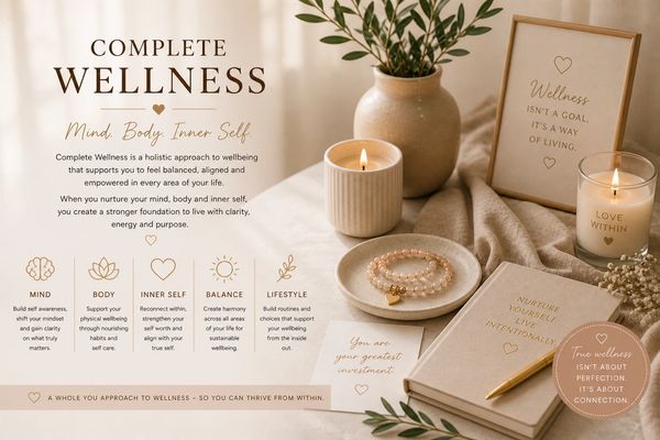 A serene wellness setup with candles, plants, and inspirational quotes promoting mind, body, and inner self balance.