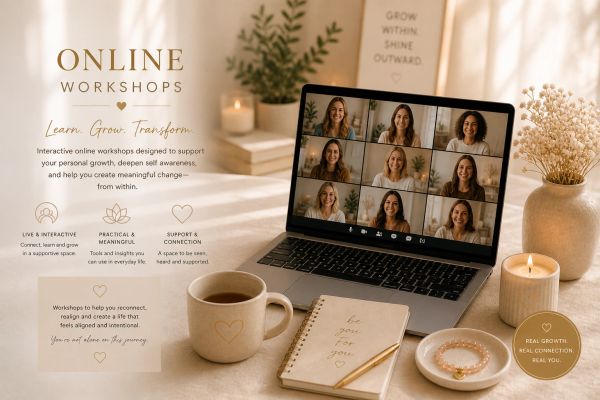 Cozy setup for an online workshop focused on personal growth and connection.