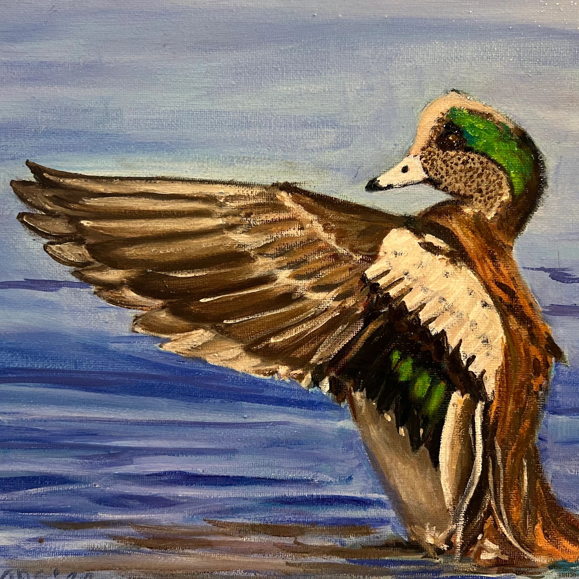 Painting of a duck by the water.