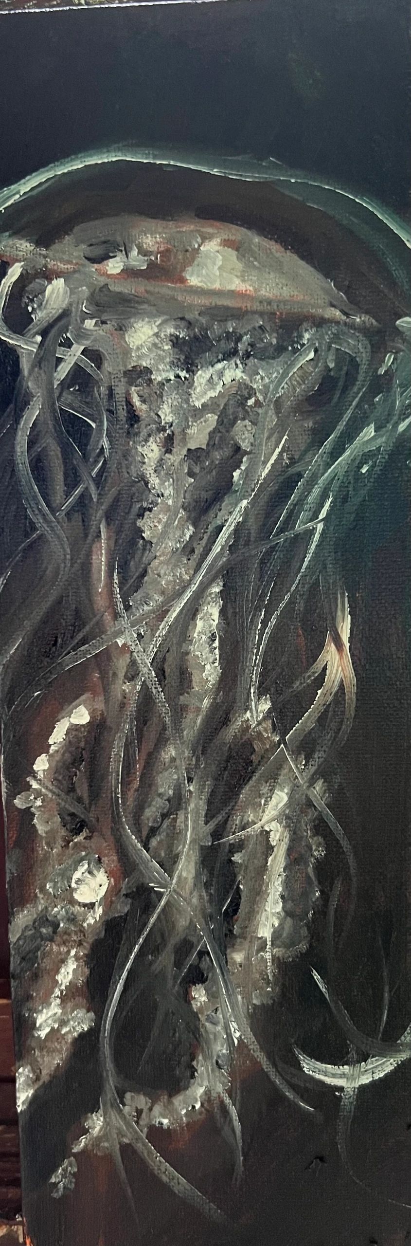 Abstract painting of a jellyfish with dark tones.