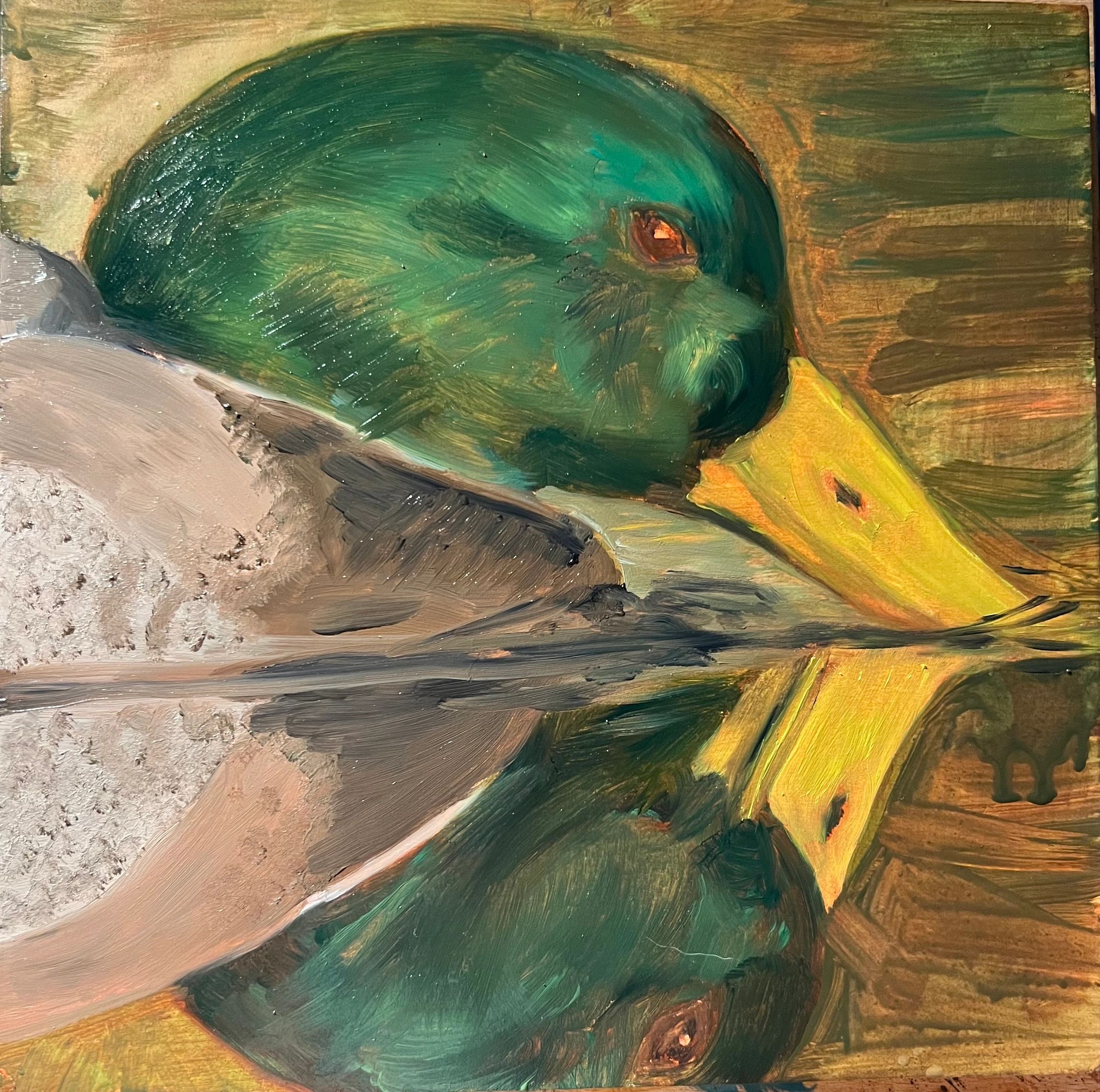 Close-up oil painting of a mallard duck's head.