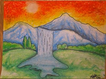 Colorful pastel drawing of mountains, waterfall, and sunset.