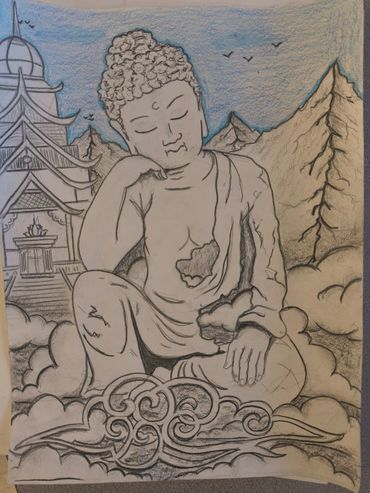 Pencil sketch of a meditating Buddha with mountains and temple in the background.