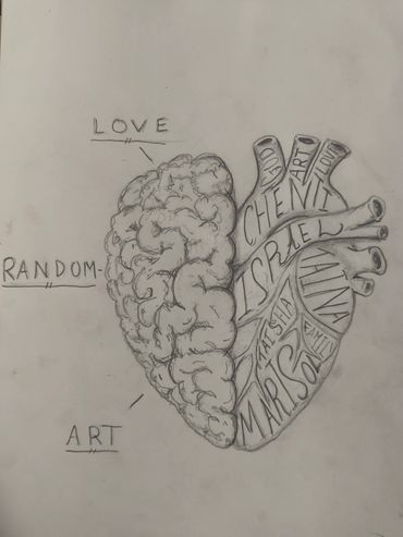 Pencil drawing of half brain and half heart with words inside, symbolizing love and art.