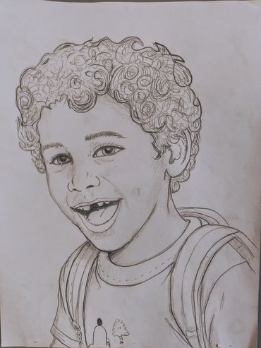 Pencil sketch of a joyful child with curly hair and a backpack.