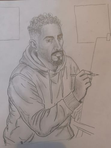 Pencil sketch of a man drawing on a canvas, wearing a hoodie.