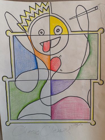 Abstract colorful drawing of a face with geometric shapes and a cigarette.