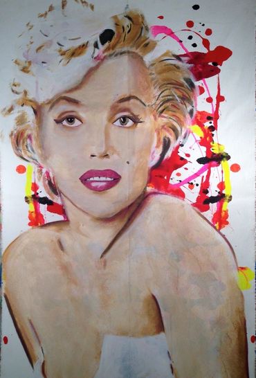 Painting of a woman with blonde hair and red lips, inspired by Marilyn Monroe.