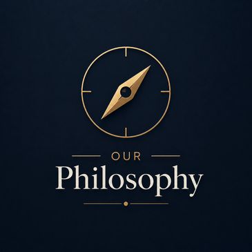 Elegant compass design with 'Our Philosophy' text on dark background.