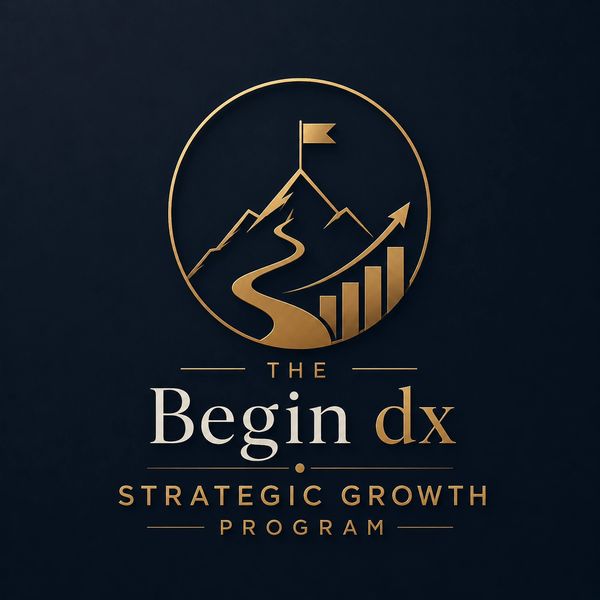Elegant logo for "The Begin dx" strategic growth program with mountain and growth chart design.