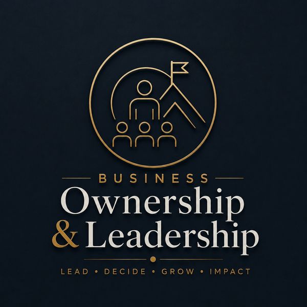 Elegant business logo featuring ownership and leadership themes with a gold and white color scheme.