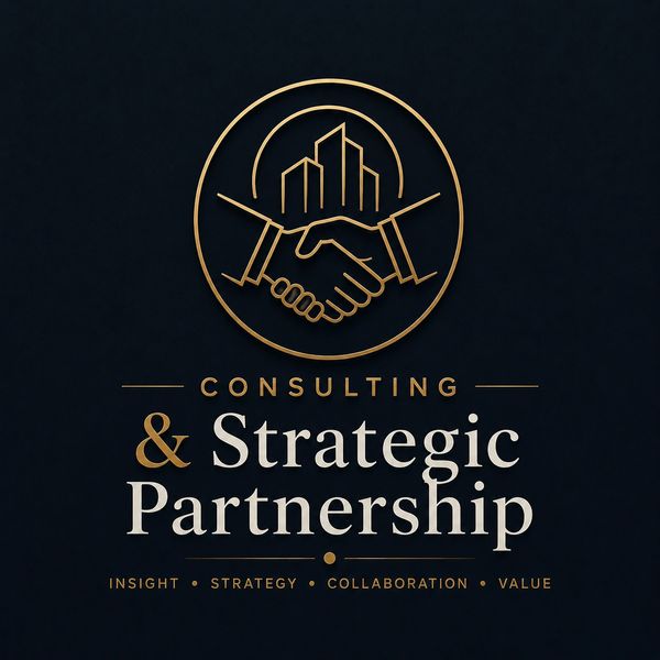 Elegant logo for strategic partnership and consulting with handshake and buildings.