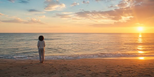 Person standing alone on a beach at sunset.