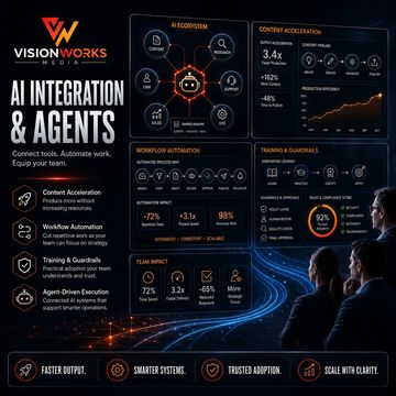 Infographic on AI integration and agents by Vision Works Media.