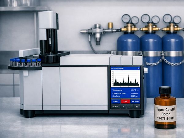 Laboratory GC autosampler with gas cylinders and chemical bottle.