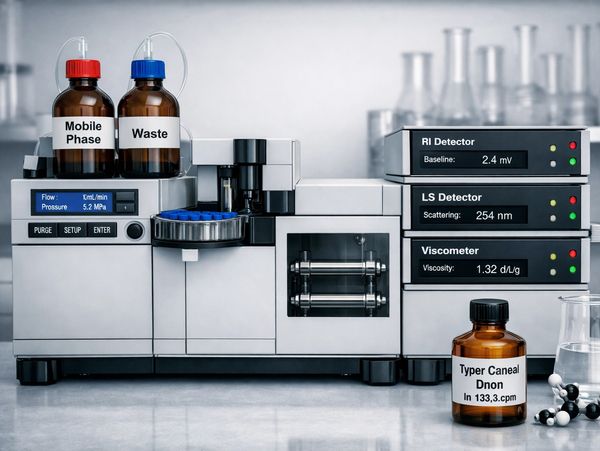 Laboratory chromatography system with labeled bottles and digital detectors.