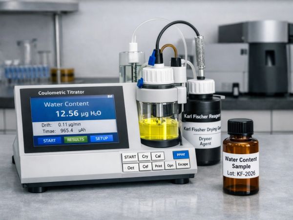 Coulometric titrator measuring water content in a sample.