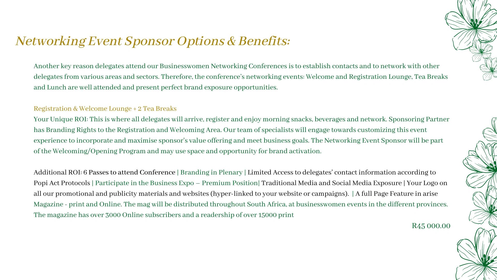 Networking Event sponsor options and benefits with brand exposure and conference passes.