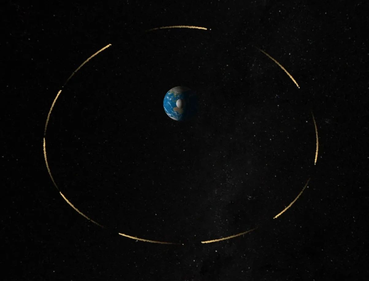 Earth with an elliptical golden orbit in space.