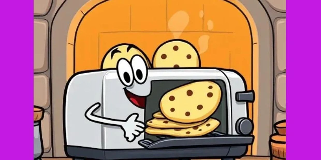 Animated toaster happily baking chocolate chip cookies.
