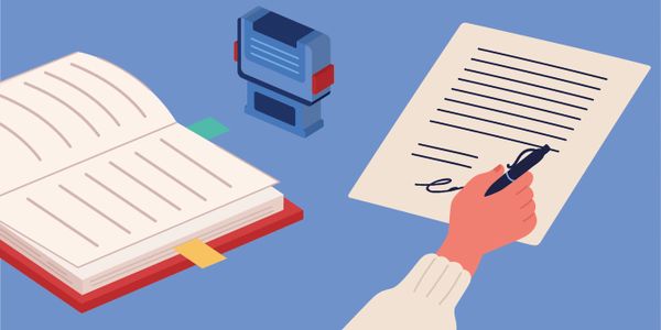 A notary book, notary stamp and a document being notarized by a notary public