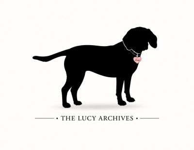 Black silhouette of Lucy with a heart-shaped tag labeled Lucy.