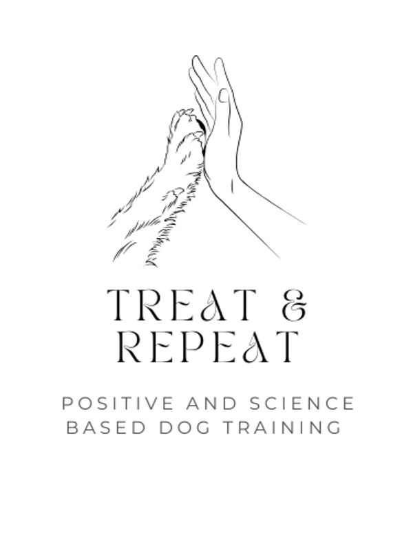 Logo showing a dog paw and human hand high-five with training slogan.
