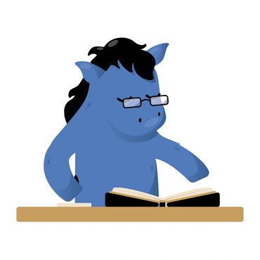 Blue horse with glasses reading a book in a cradle
