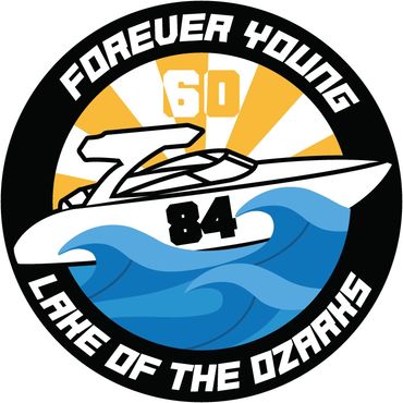 Boat on water. Text around the graphic "Forever Young 84 Lake of the Ozarks"
