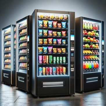 Three vending machines with snacks, drinks, and fruits.