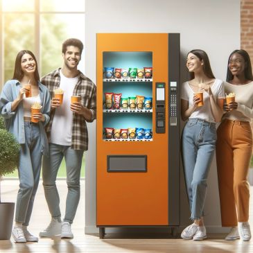 Group of friends enjoying snacks and drinks by a vending machine.