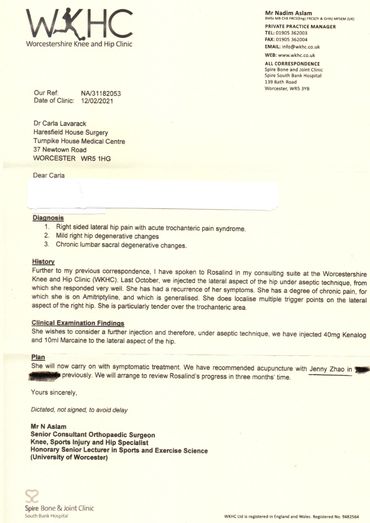 Doctor Nadim Aslam referral letter to our acupuncture clinic