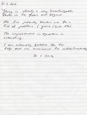 Dr Ingrid's recommend letter about acupuncture services in our clinic