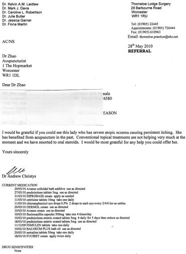 Referral letter from GP surgery in Worcester