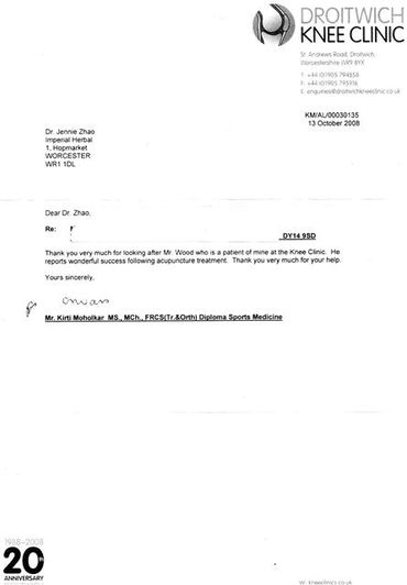 Droitwich Knee Clinic commendation letter for excellent results with our acupuncture clinic.