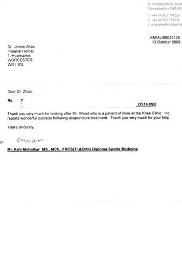 Droitwich Knee Clinic commendation letter for excellent results with our acupuncture clinic.