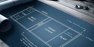 Blueprint design for a book cover layout on a desk with drawing tools.