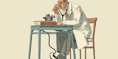 A doctor listens intently using an old-fashioned stethoscope.