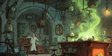 A scientist in a cluttered lab with green smoke rising from an experiment.