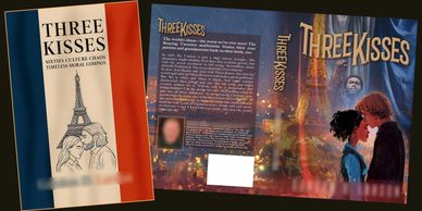 Book cover for 'Three Kisses,' exploring culture, chaos, and emotional comedy.