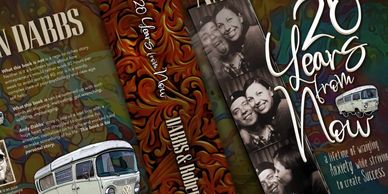 A colorful book cover titled '20 Years from Now' featuring photos and a vintage van illustration.