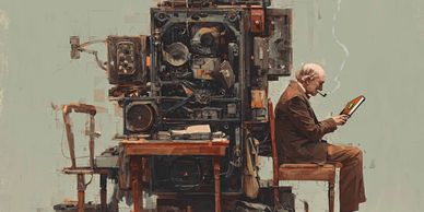 An elderly man smoking a pipe reads beside a complex machine.