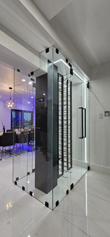 Modern glass-enclosed wine storage with sleek black accents in a contemporary home.