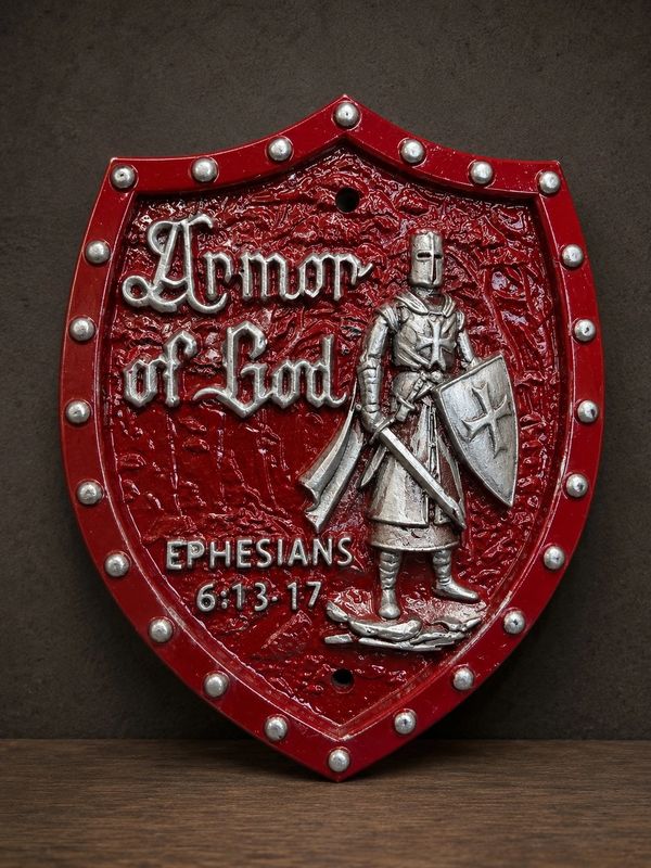 Red shield plaque with 'Armor of God' and a knight figure.