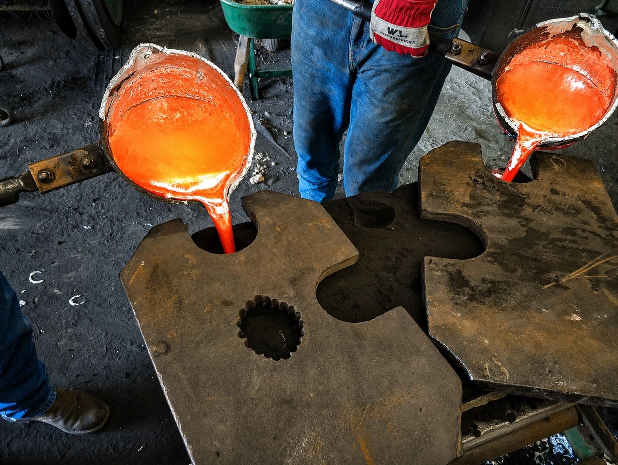 Workers pour molten metal into large molds in a foundry.