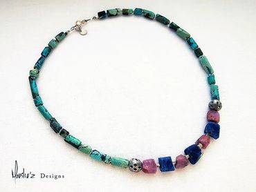 N738
Stones: Lapis Lazuli, Raw Pink Sapphire & Old Tibetan Turquoise.
Price: Egp 2400